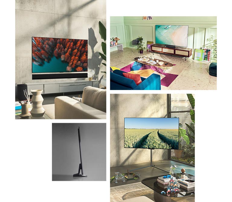 An LG OLED G2 is hung on the wall in a living room with plants, a pile of books, and a vintage-style cabinet. An LG OLED G2 is hung on the wall in a minimalist-looking room beside a shelf with monochrome ornaments. A side view of the ultra-slim edge of LG OLED G2. An LG OLED G2 is hung on a colourful living room wall with a dried planet, diffuser, and vases. A close-up of an edge on the ultra-slim LG OLED G2.
