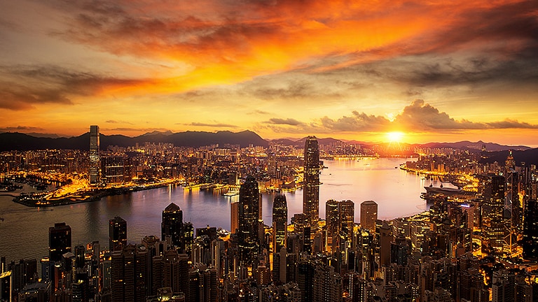 A bird's eye view of a city at sunset with each tiny window in every skyscraper clearly defined.