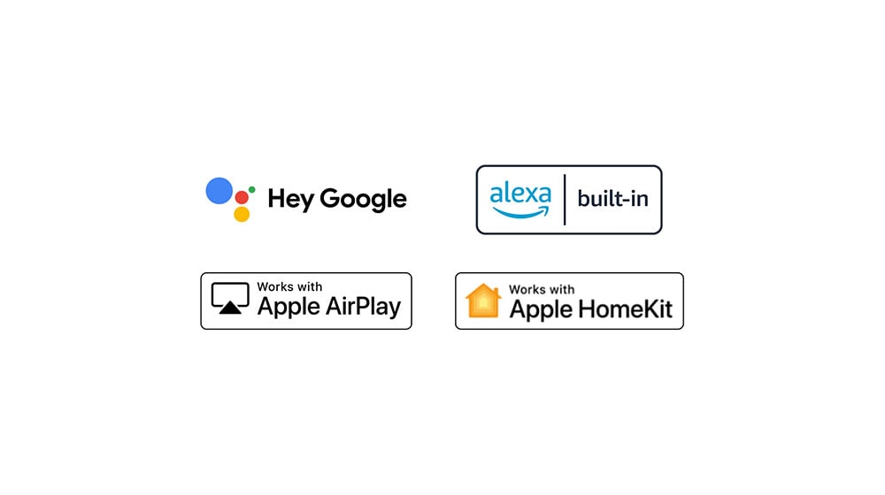 There are four logos displaced in order – Hey Google, alexa built-in, Works with Apple AirPlay, Works with Apple HomeKit.