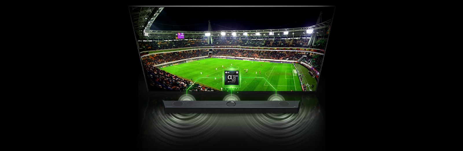 There is an image of 'Alpha 9 Chip' on the TV and a sound bar just below it. And on TV, the screen of the soccer stadium, the woman walking on the sunset beach, and the concert hall are shown one after another, and on the sound bar, the sound wave effect and color change according to the screen.
