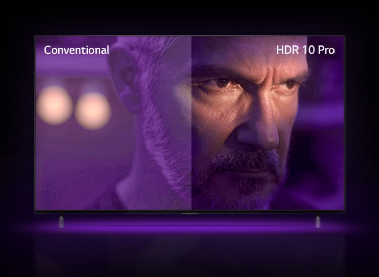 A man is staring outside, looking mad. The image is divided into two part. On left half of image appears to be dull and less vibrant colour, while on the right half of image looks more vibrant with more colours. On left top corner says ‘conventional’, on right top corner says ‘HDR 10 PRO’.