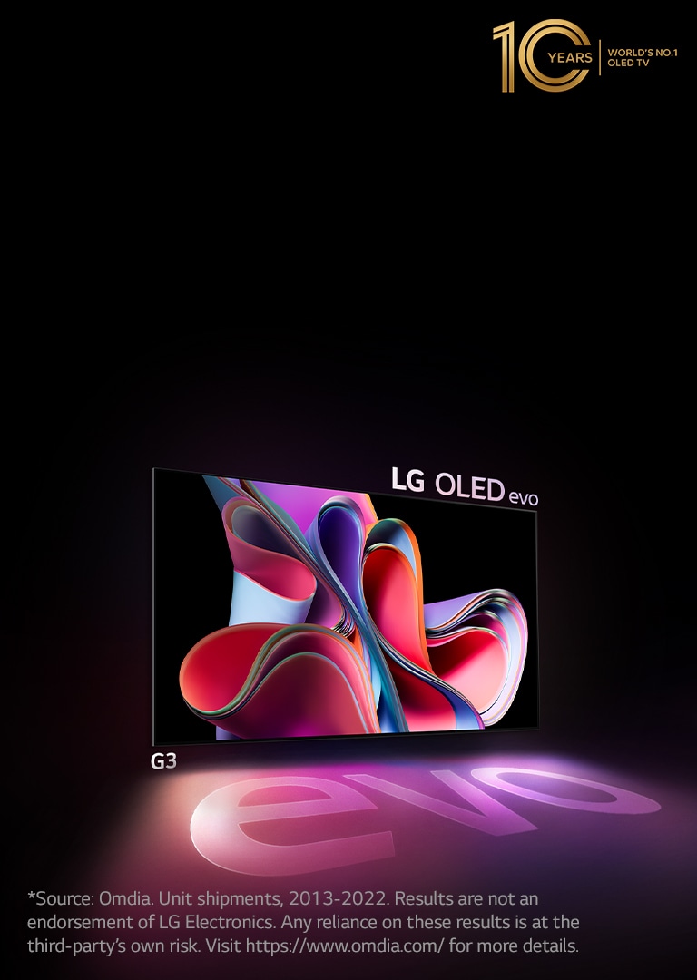 LG OLED G3 evo is shining brightly in a dark space. And on the top right, there is a logo to celebrate the 10th anniversary of OLED.