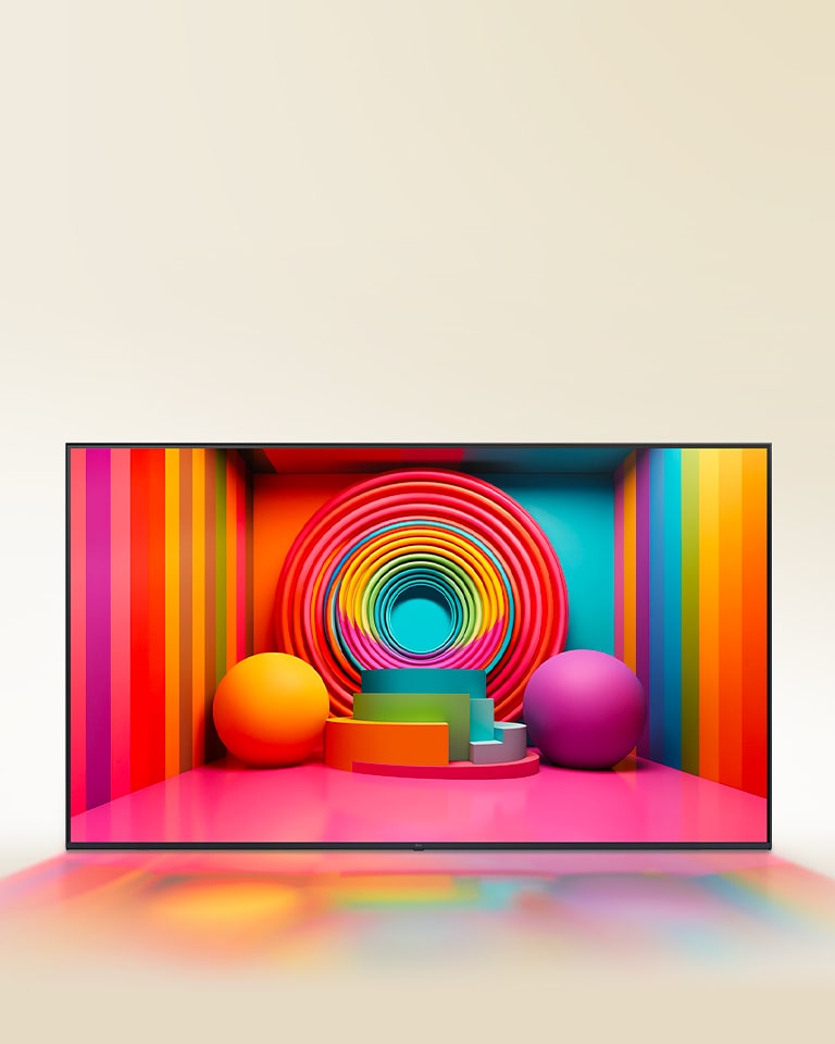 A room filled with vibrant colors, with circle shapes, and spiraling circles on the wall are displayed on LG UHD TV.	