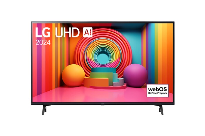 Front view of LG UHD TV, UT75 with text of LG UHD AI, 2024, and webOS Re:New Program logo on screen