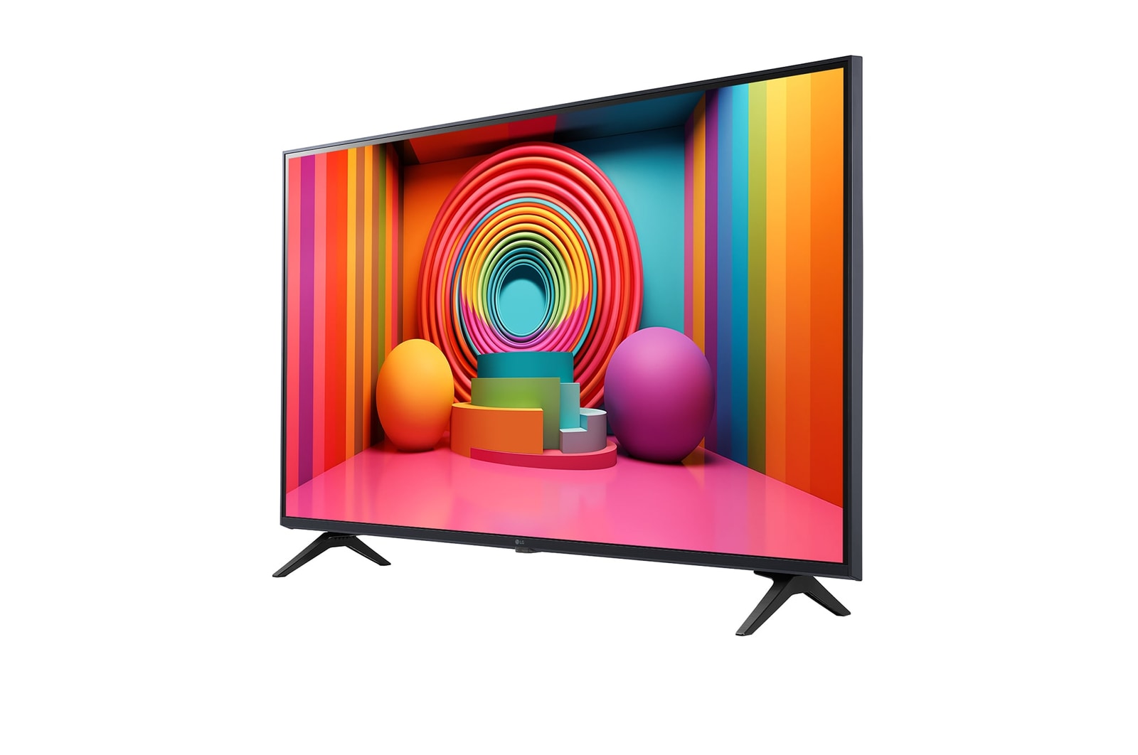 Slightly-angled left-facing side view of LG UHD TV, UT75