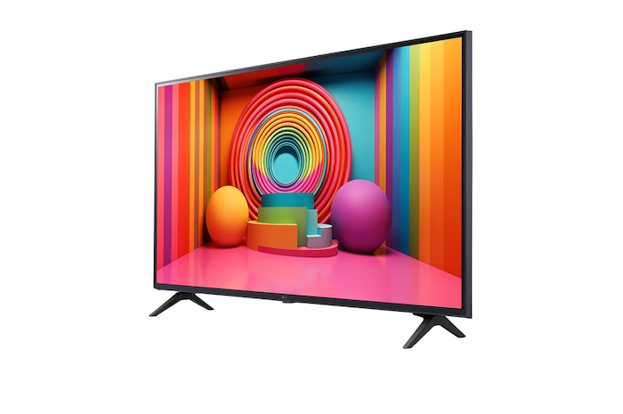 Slightly-angled left-facing side view of LG UHD TV, UT75