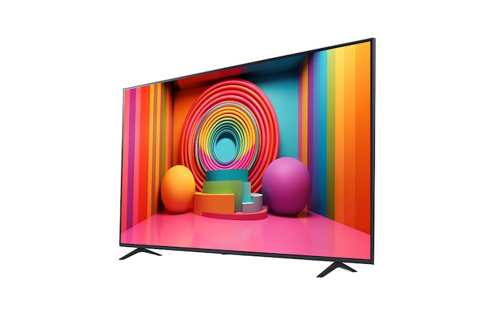 Slightly-angled left-facing side view of LG UHD TV, UT75