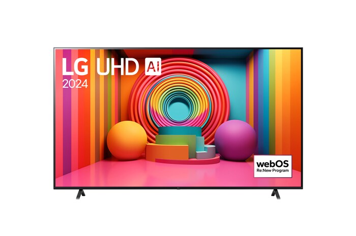 Front view of LG UHD TV, UT75 with text of LG UHD AI, 2024, and webOS Re:New Program logo on screen