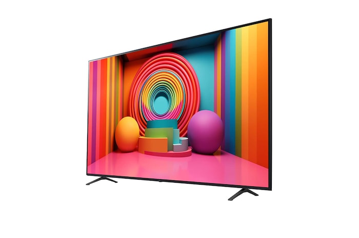 Slightly-angled left-facing side view of LG UHD TV, UT75