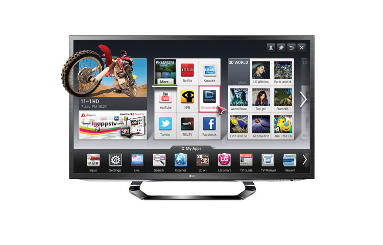 Front view of LG LM6200 Cinema 3D 1080p 120Hz LED with Smart TV, entertainment takes on a whole new dimension and look. Get all the depth and excitement of 3D you experience in the theater with LG Cinema 3D. 55LM6200