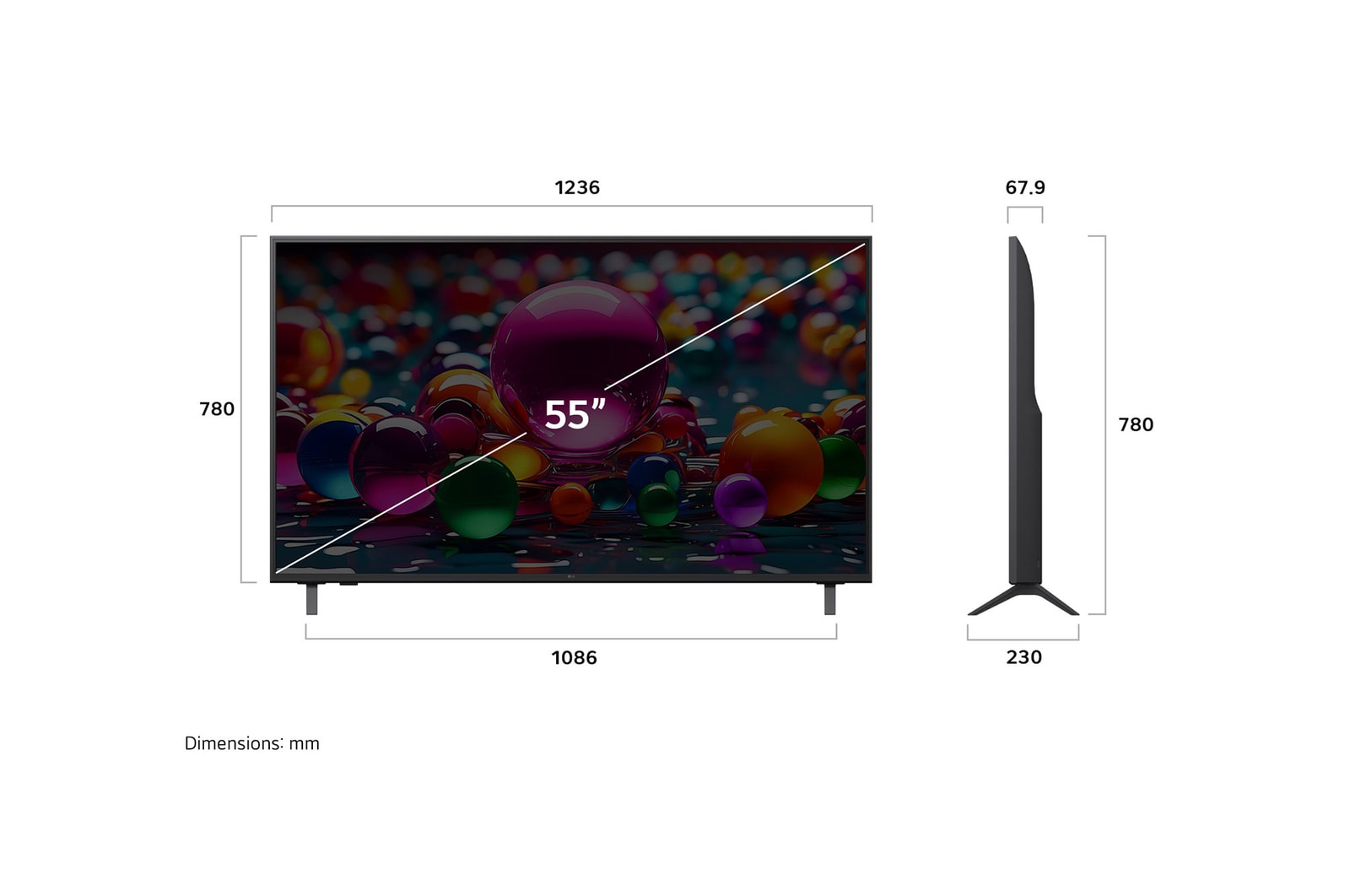 Front view and side view of LG UHD AI  UA79 4K Smart TV showing its length, width, height, and depth dimensions.