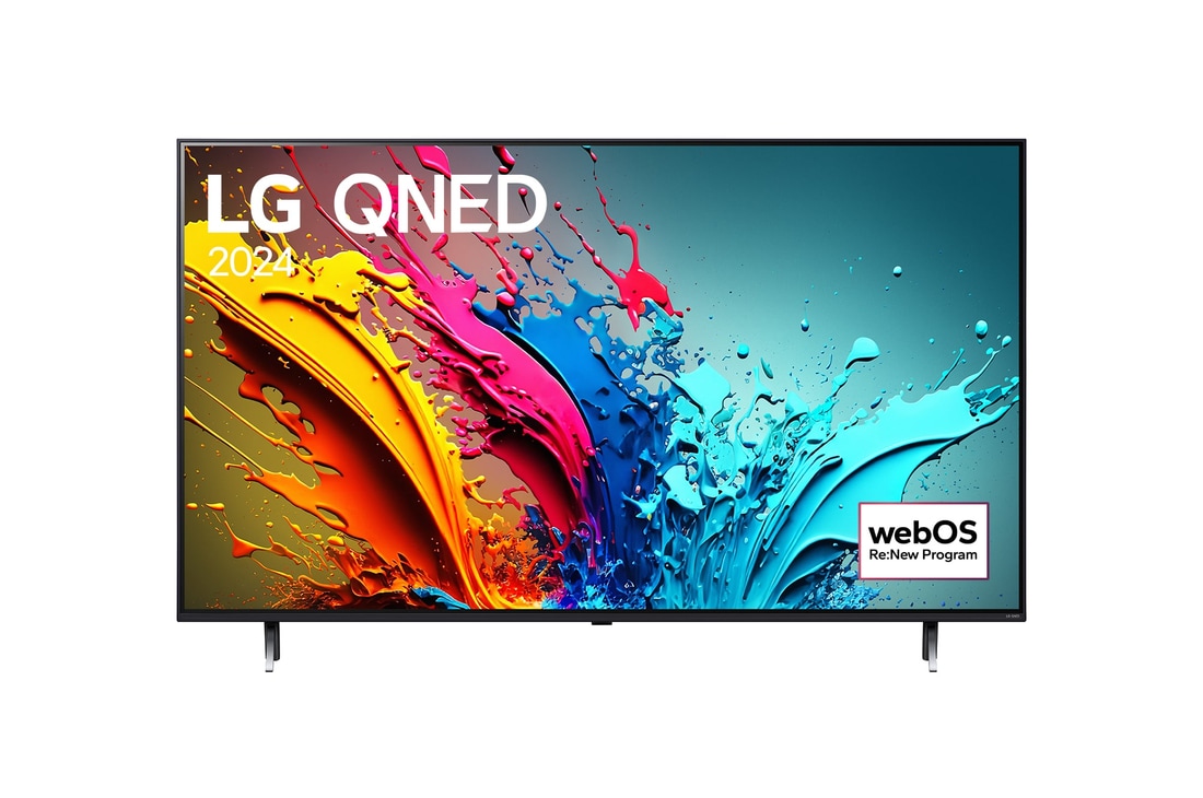 Front view of 55 Inch LG QNED AI QNED85 4K Smart TV 2024 55QNED85TUA, with webOS Re:New Program logo on screen.