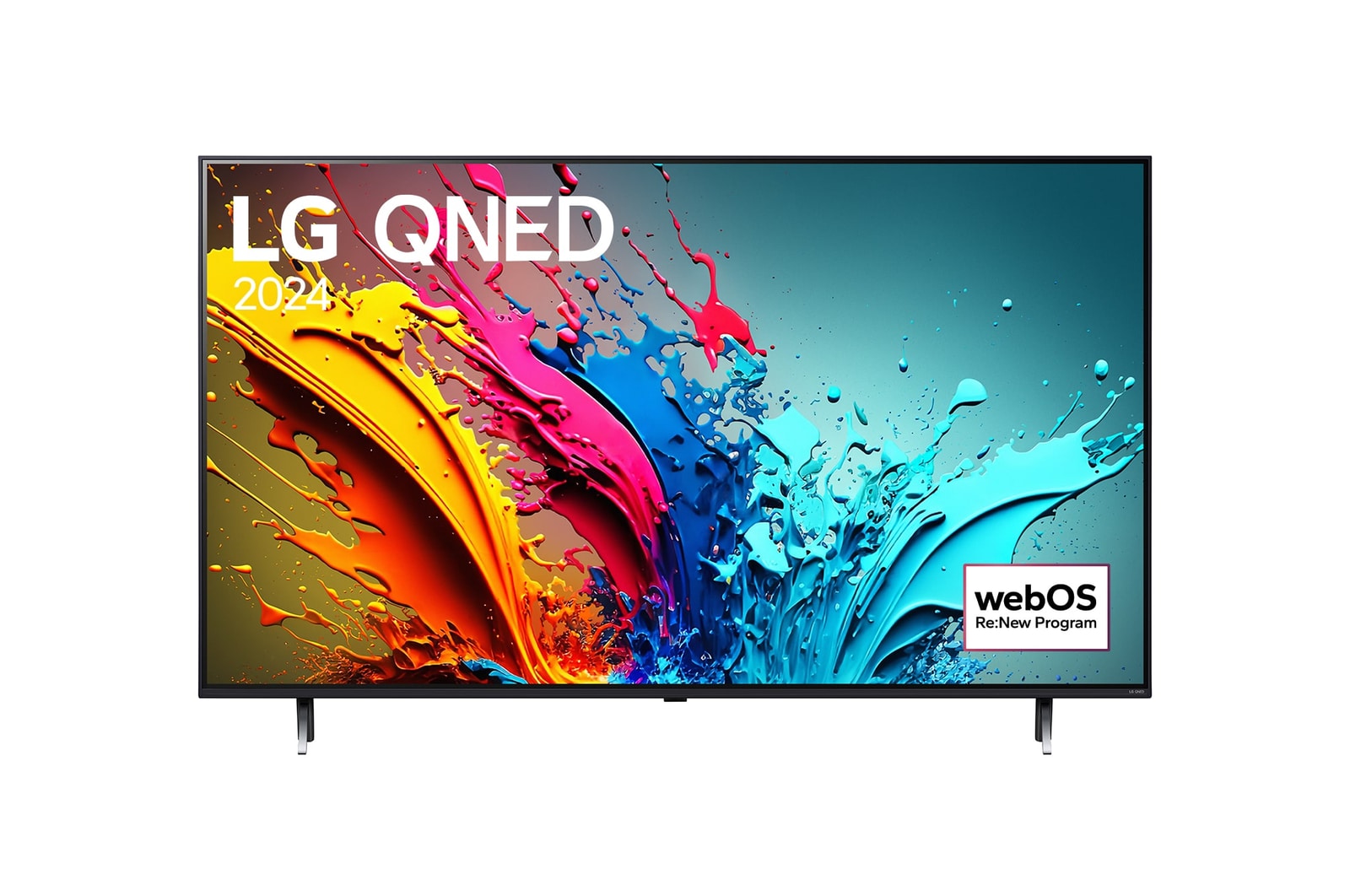 Front view of 55 Inch LG QNED AI QNED85 4K Smart TV 2024 55QNED85TUA, with webOS Re:New Program logo on screen.