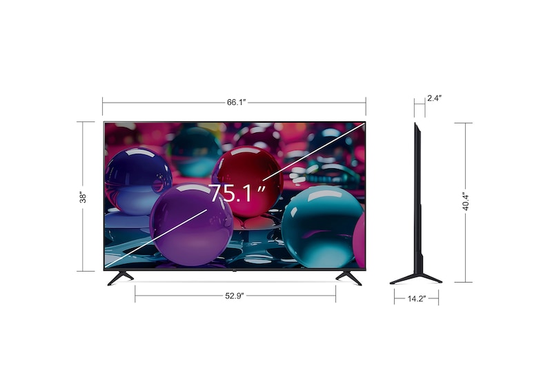 Front view and side view of LG UHD AI UA70 4K Smart TV showing its length, width, height, and depth dimensions.