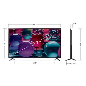 Front view and side view of LG UHD AI UA70 4K Smart TV showing its length, width, height, and depth dimensions.