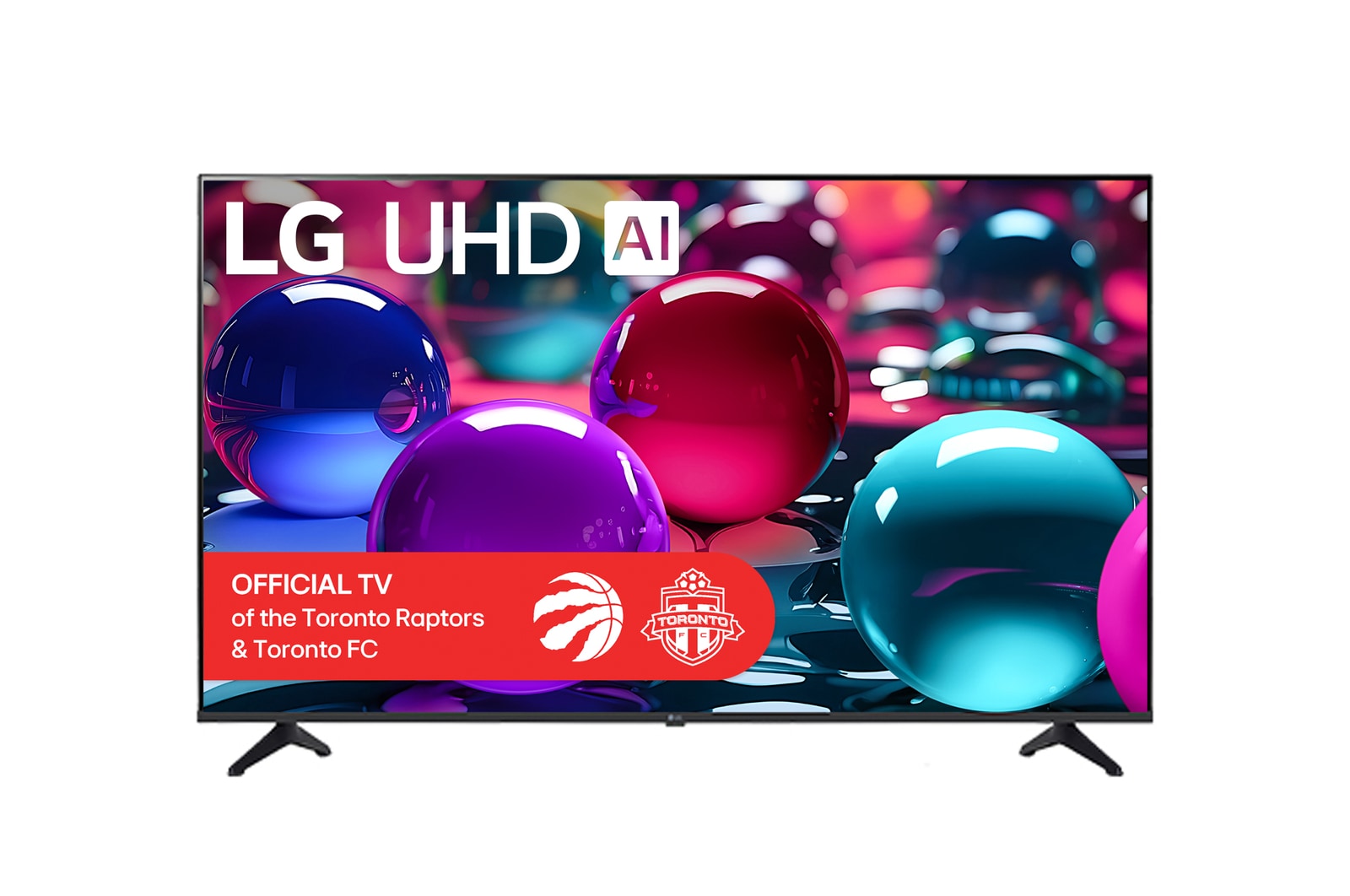 Front view of UHD UA70 TV, LG UHD Al Logo on the top corner. LG UHD TV depicts colorful paintike textures coming together.