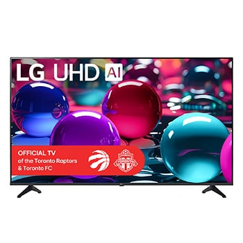 Front view of UHD UA70 TV, LG UHD Al Logo on the top corner. LG UHD TV depicts colorful paintike textures coming together.