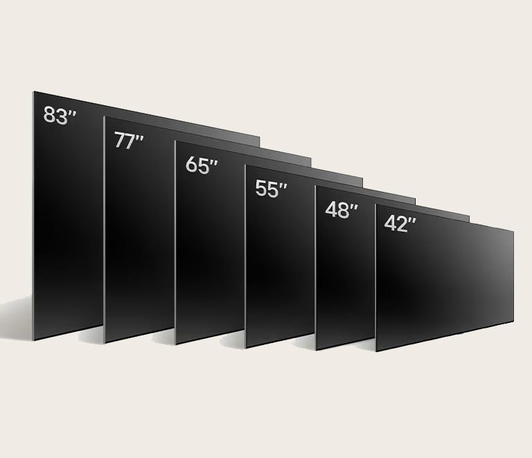 An image comparing LG OLED G4's varying sizes, showing An image comparing LG OLED C4's varying sizes, showing 42", 48", 55", 65", 77", and 83".55", 65", 77", 83", and 97".