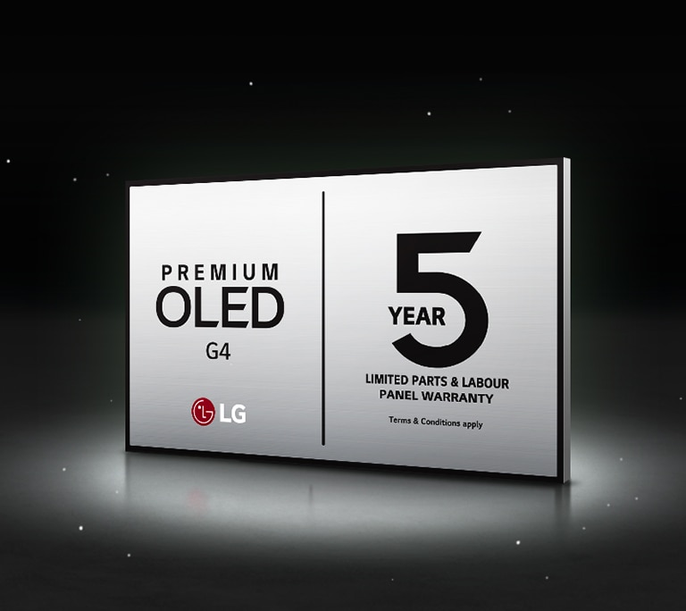 LG OLED Care+ and 5 Year Panel Warranty logo against a black backdrop.