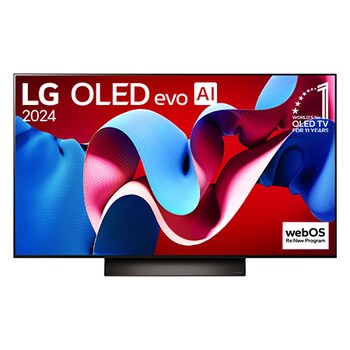 LG OLED evo C4 TV, OLED48C4PUA, with 11 Years of world number 1 OLED Emblem and webOS Re:New Program logo on screen