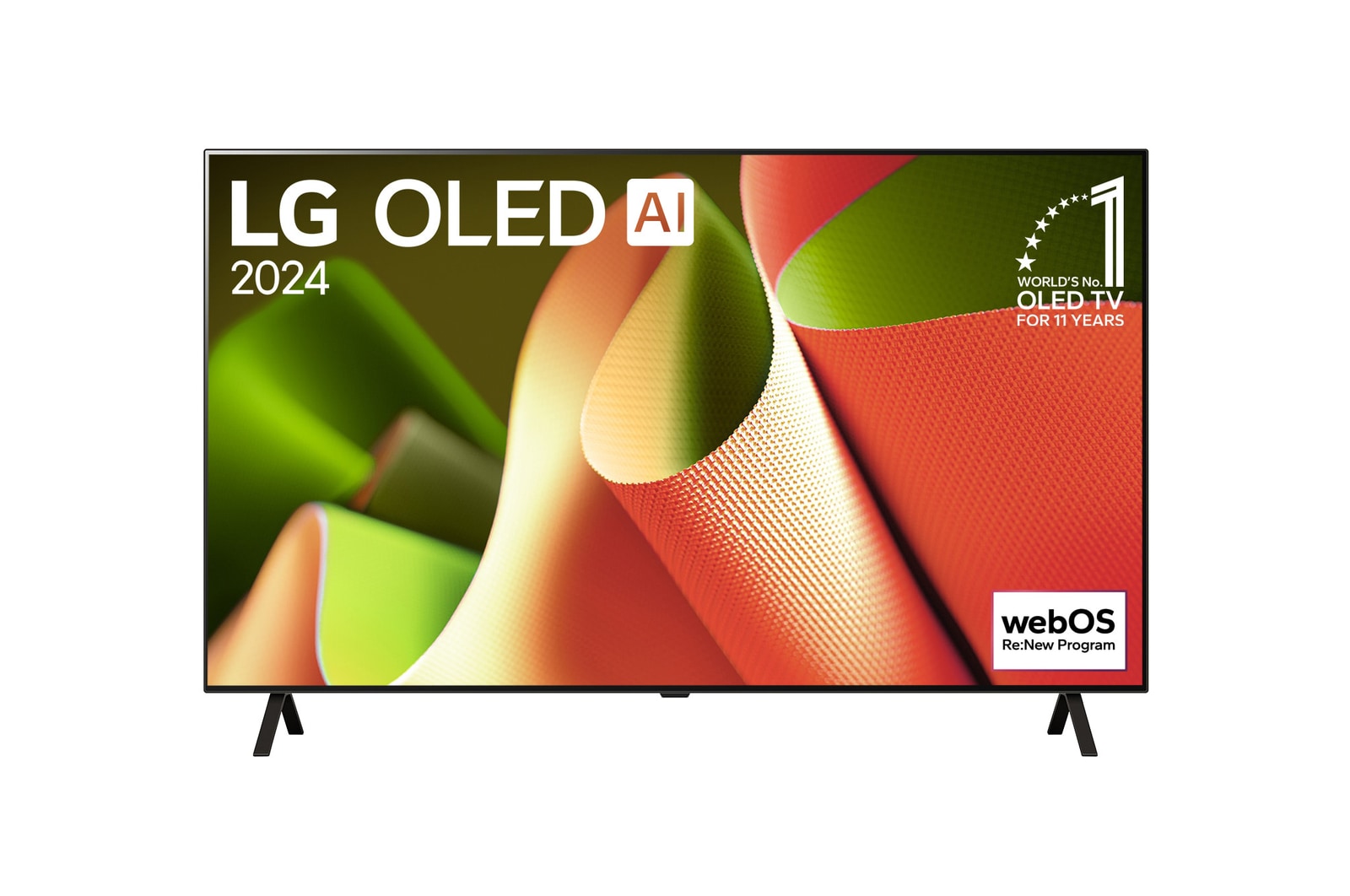 Front view of 55 Inch LG OLED AI B4 4K Smart TV 2024 OLED55B4PUA, with 11 Years of world number 1 OLED Emblem and webOS Re:New Program logo on screen with 2-pole stand.