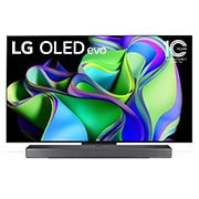 Front view with LG OLED evo and 10 Years World No.1 OLED Emblem on screen, as well as the Soundbar below. 
