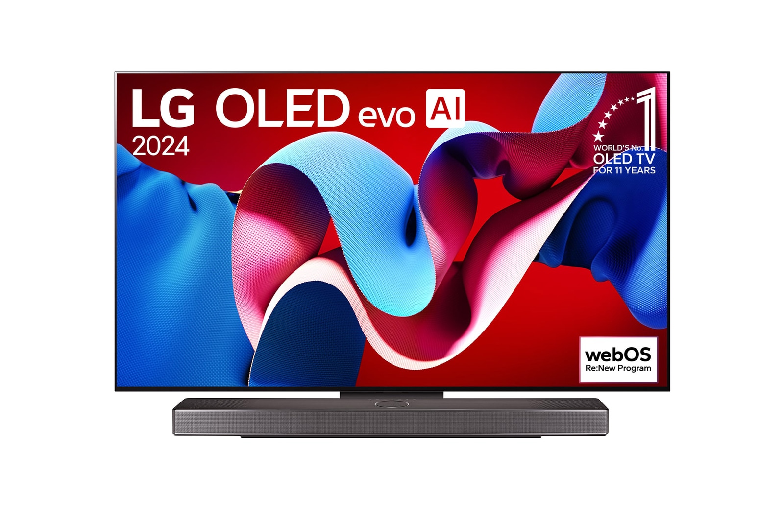 Front view of 55 Inch LG OLED evo AI C4 4K Smart TV 2024, OLED55C4PUA, with 11 Years of world number 1 OLED Emblem and webOS Re:New Program logo on screen.