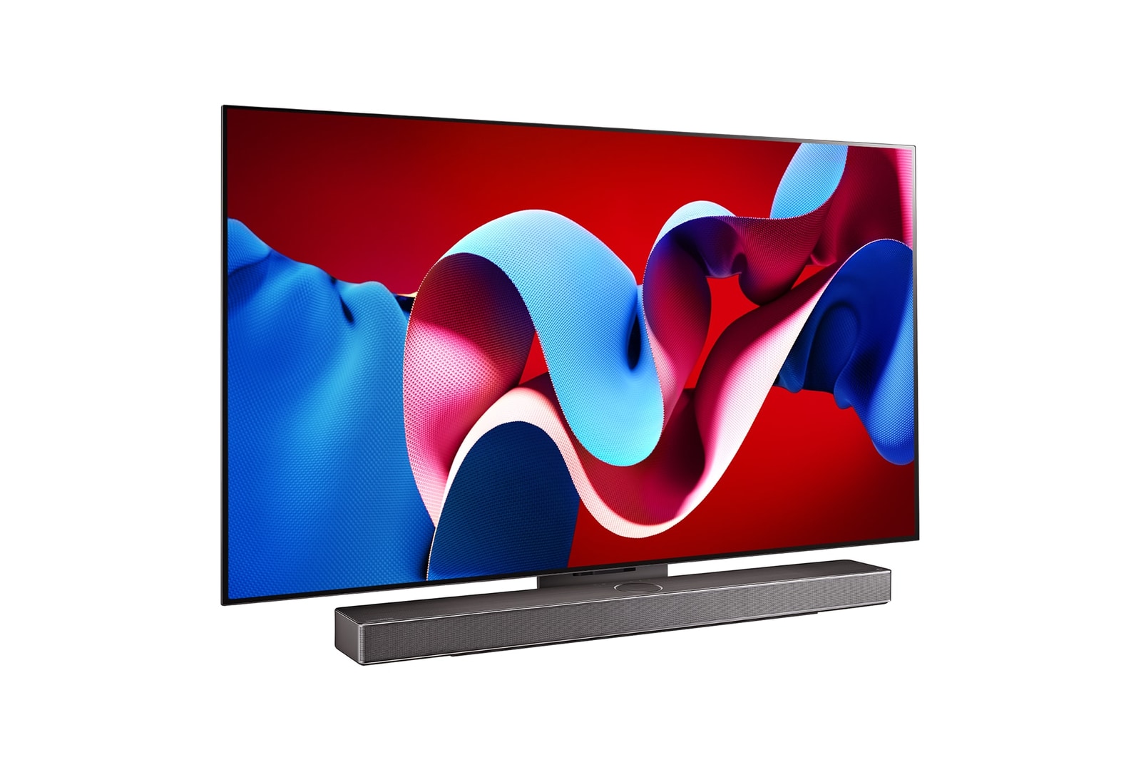 Slightly-angled right-facing side view of LG OLED evo TV, OLED C4 with LG Soundbar below