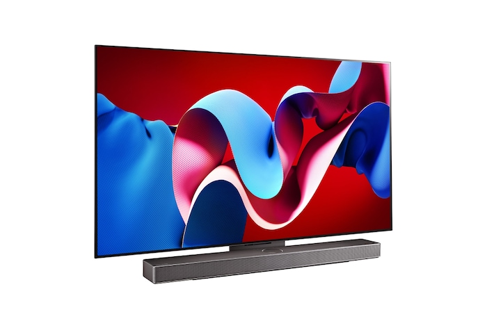 Slightly-angled right-facing side view of LG OLED evo TV, OLED C4 with LG Soundbar below