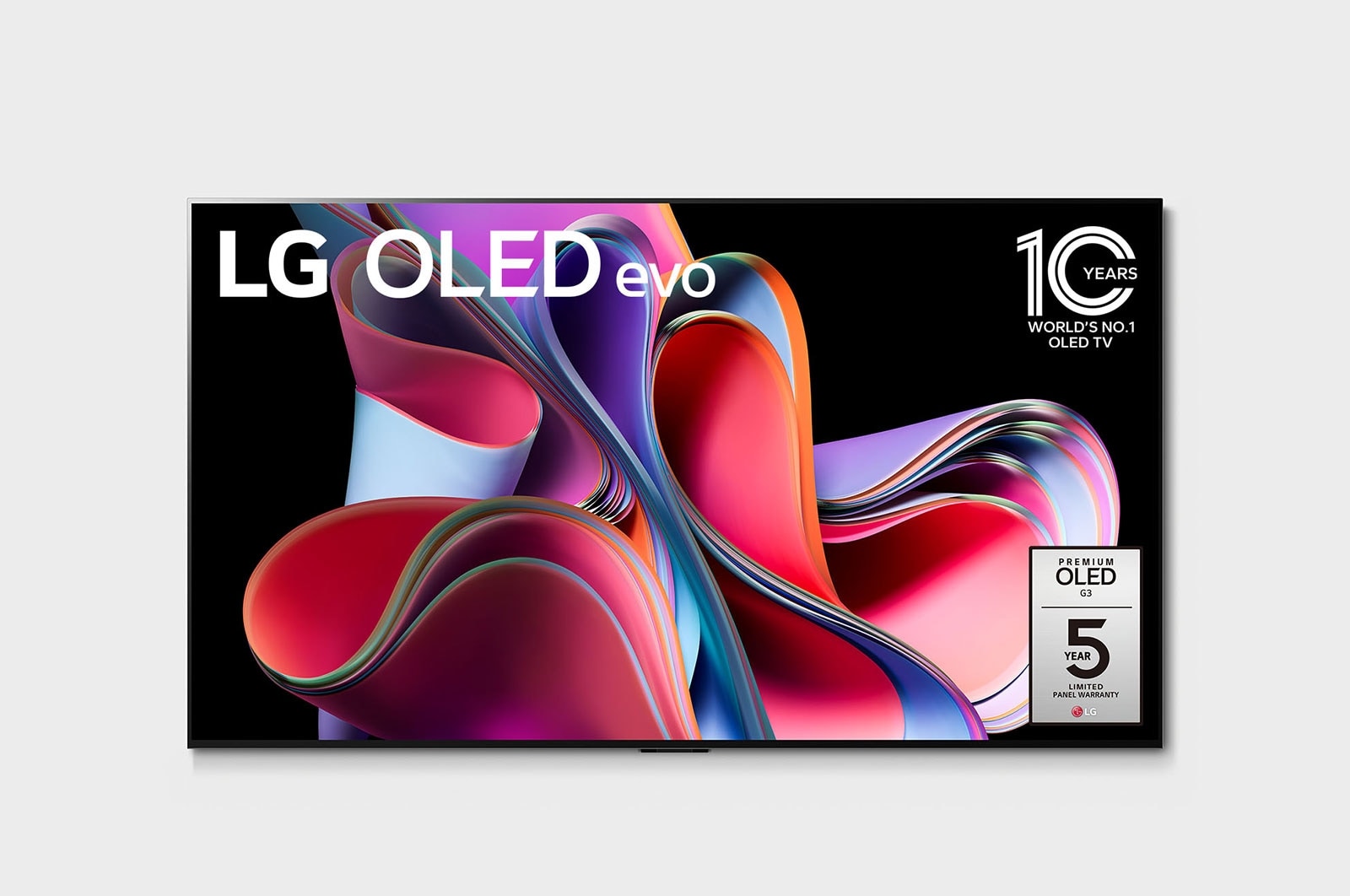 Front view with LG OLED evo, 10 Years World No.1 OLED Emblem, and 5-Year Panel Warranty logo on screen