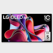 Front view with LG OLED evo, 10 Years World No.1 OLED Emblem, and 5-Year Panel Warranty logo on screen