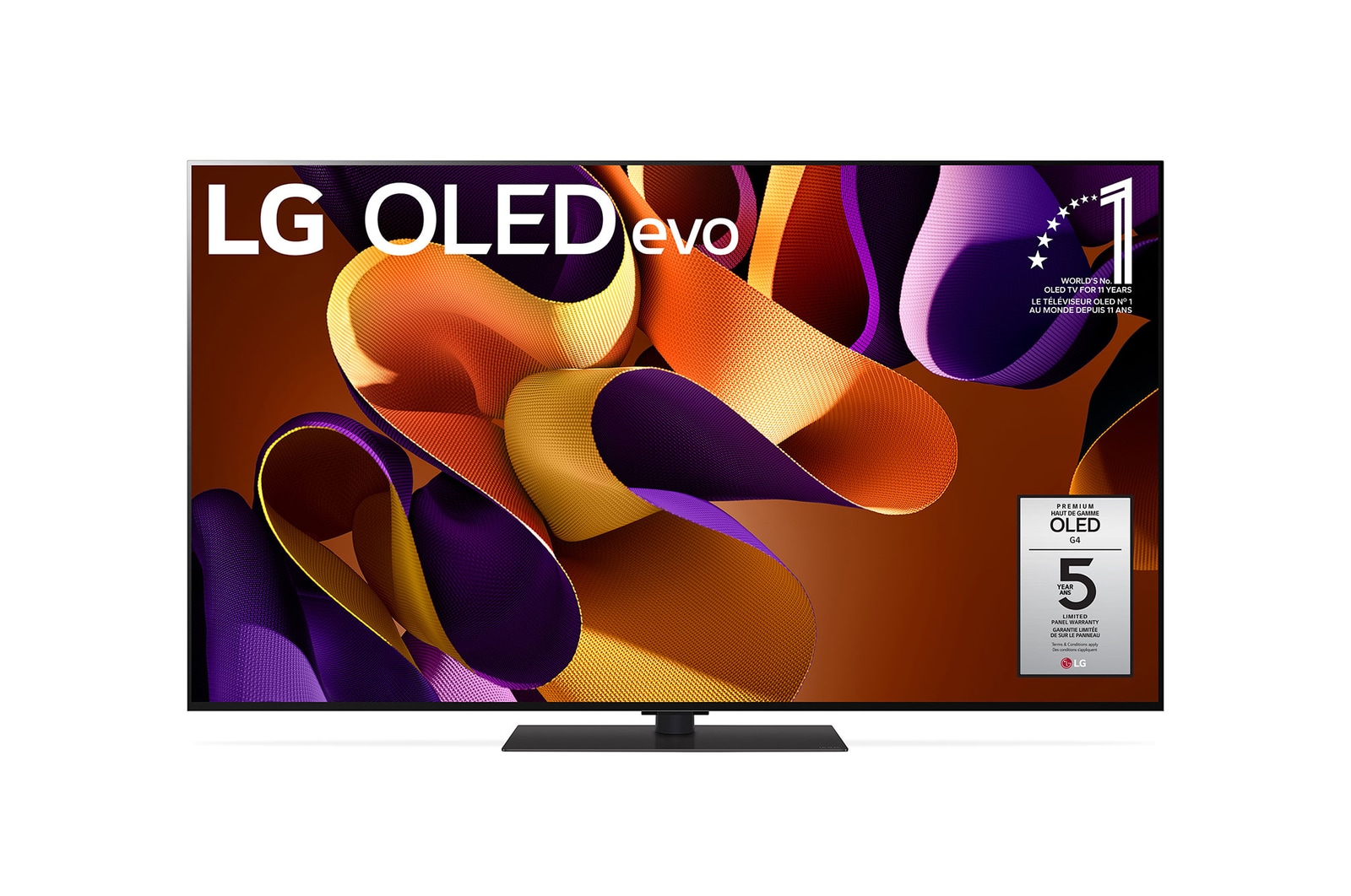 LG OLED evo G4 TV, OLED55G4SUB, with 11 Years of world number 1 OLED Emblem and 5-Year Panel Warranty logo on screen