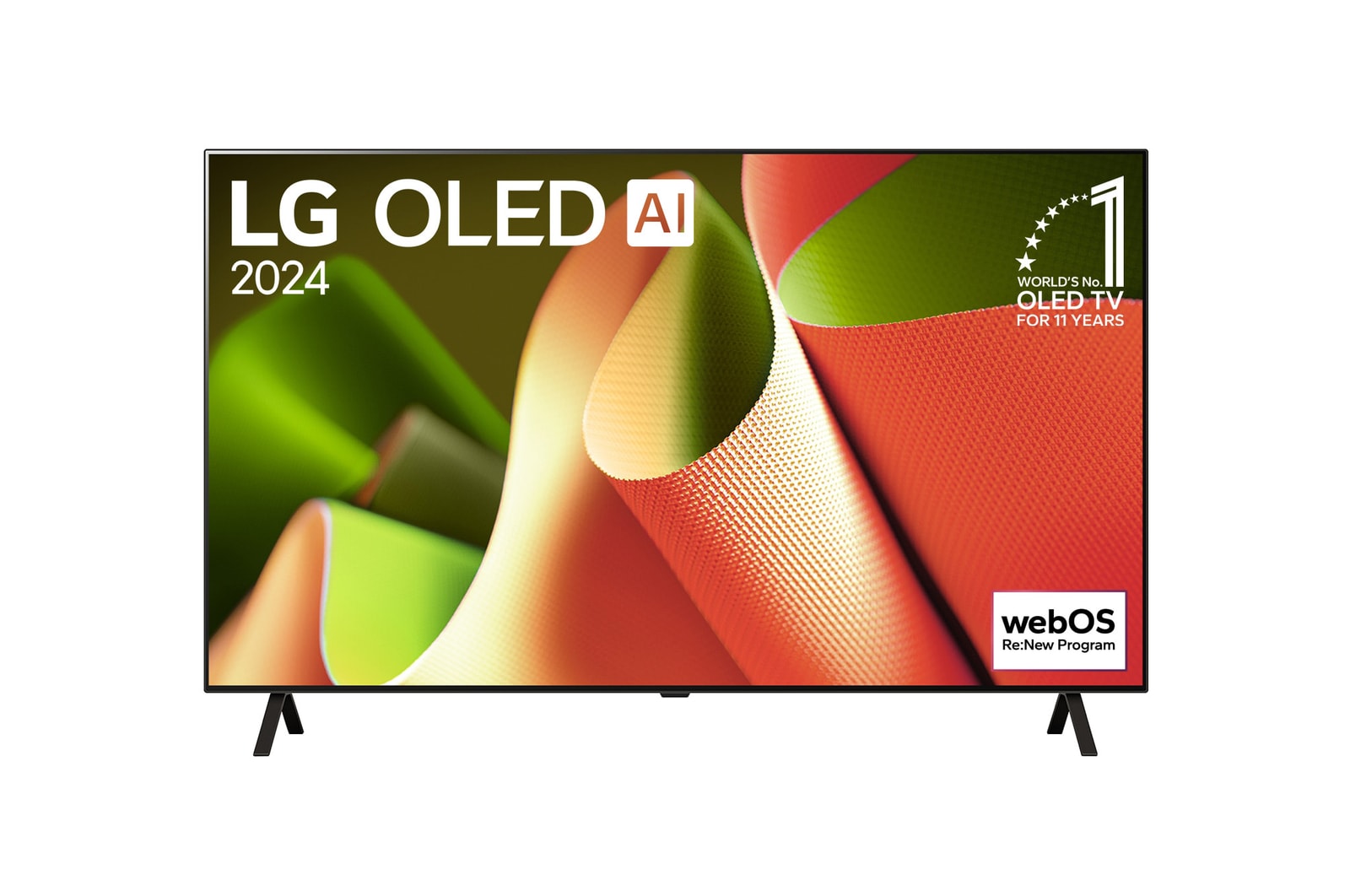 Front view of 65 Inch LG OLED AI B4 4K Smart TV 2024 OLED65B4PUA, with 11 Years of world number 1 OLED Emblem and webOS Re:New Program logo on screen with 2-pole stand.