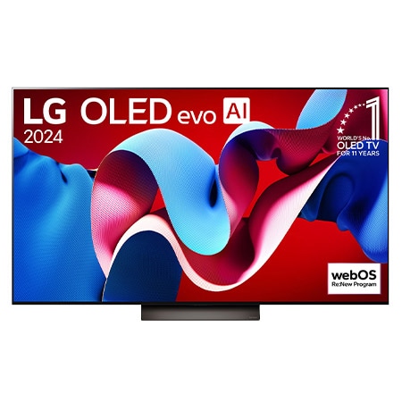 LG OLED evo C4 TV, OLED65C4PUA, with 11 Years of world number 1 OLED Emblem and webOS Re:New Program logo on screen