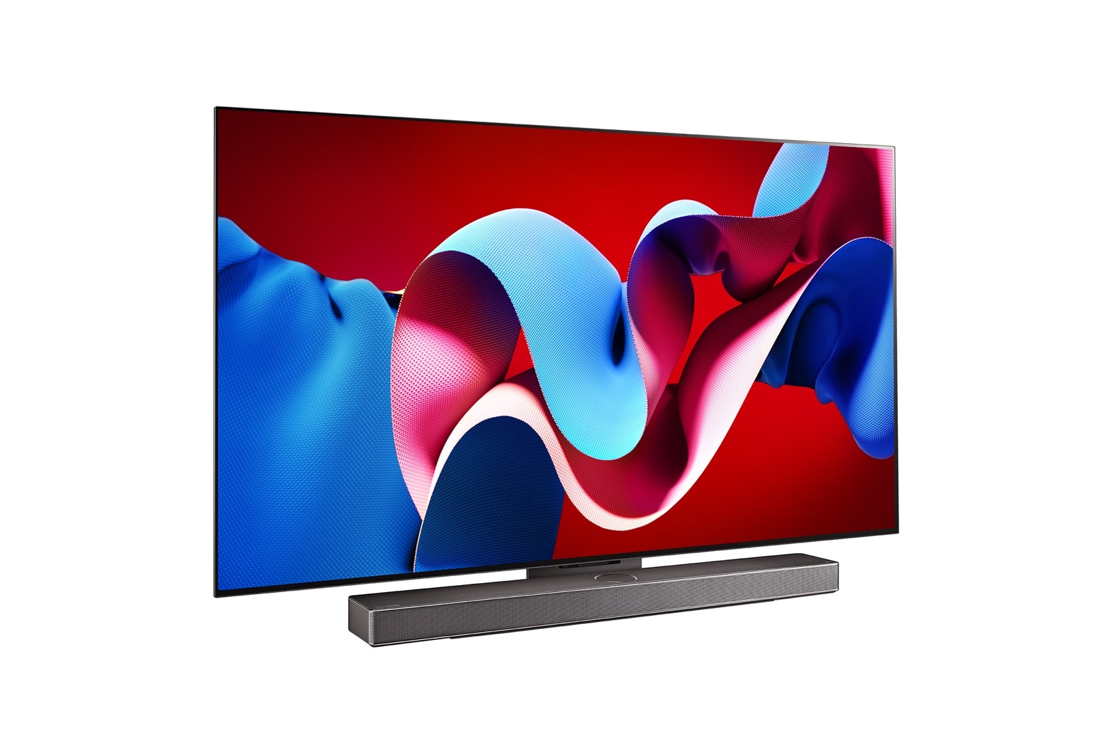 Slightly-angled right-facing side view of LG OLED evo TV, OLED C4 with LG Soundbar below