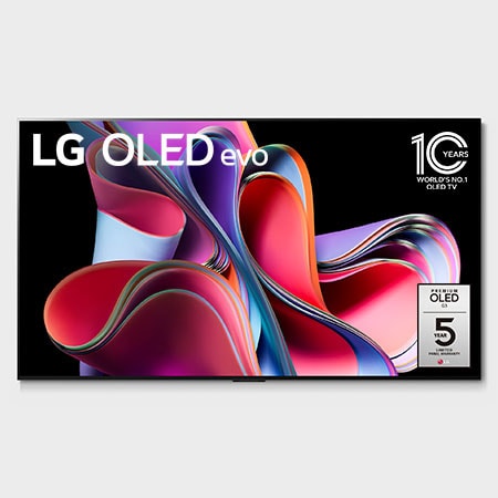 Front view with LG OLED evo, 10 Years World No.1 OLED Emblem, and 5-Year Panel Warranty logo on screen