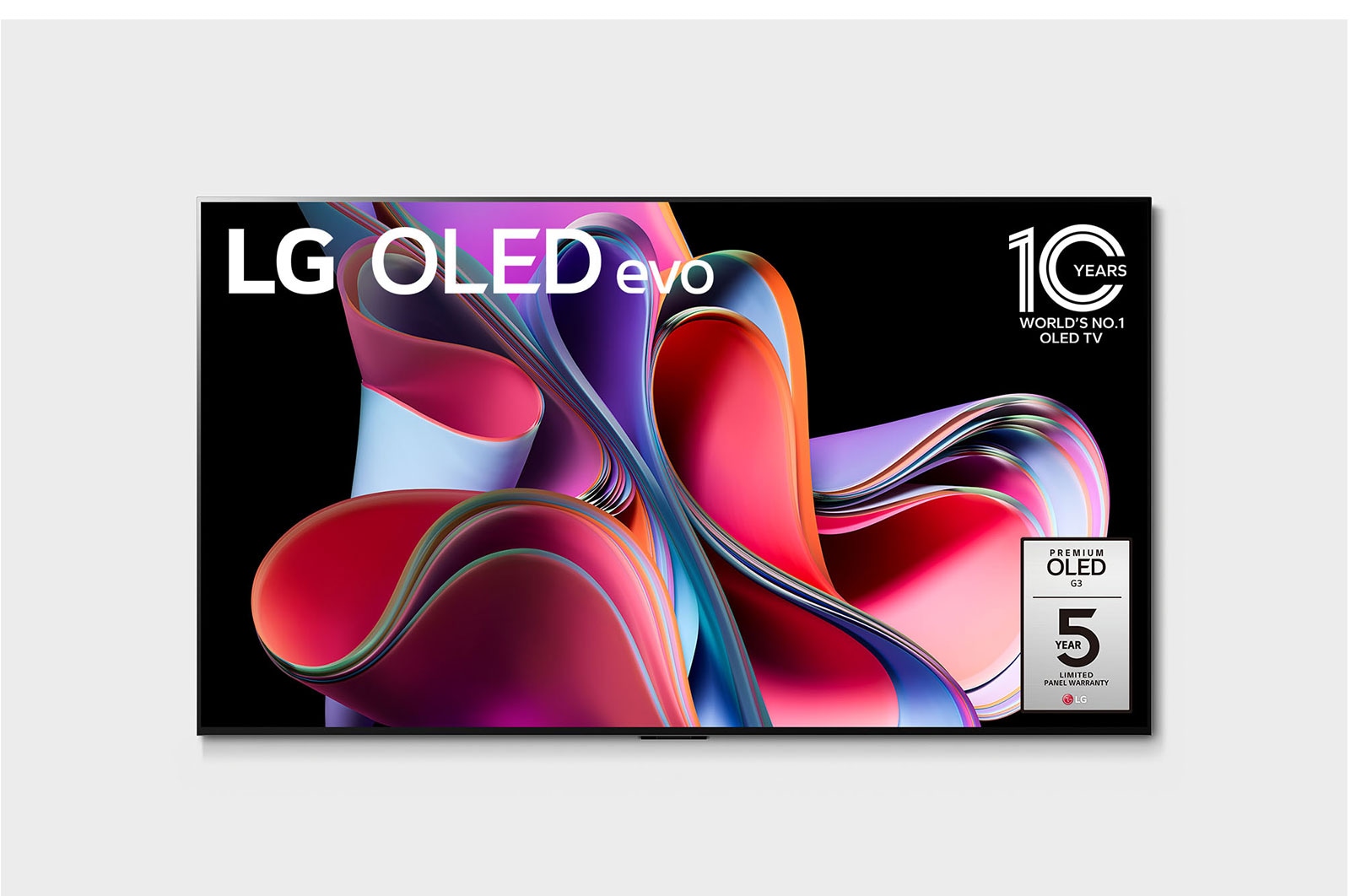 Front view with LG OLED evo, 10 Years World No.1 OLED Emblem, and 5-Year Panel Warranty logo on screen