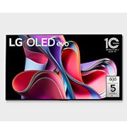 Front view with LG OLED evo, 10 Years World No.1 OLED Emblem, and 5-Year Panel Warranty logo on screen