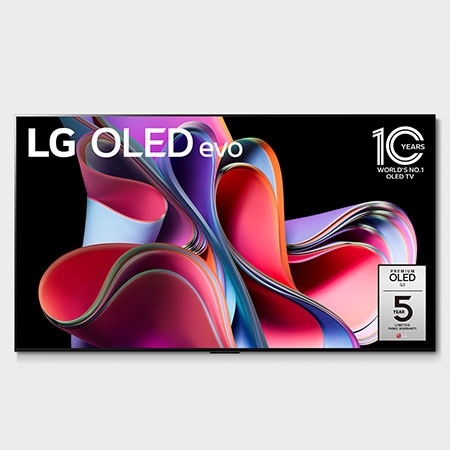 Front view with LG OLED evo, 10 Years World No.1 OLED Emblem, and 5-Year Panel Warranty logo on screen