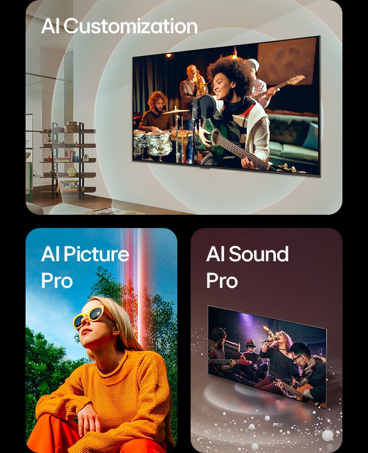 LG TV mounted on a wall in a living room with a guitar player on the screen, as concentric circle graphics representing sound waves, and the words "AI Customization" top left. A woman crouching outside on a sunny day in front of trees and a blue sky, and the words "AI Picture Pro" top left. LG TV with sound bubbles and waves emit from the screen and fill the space, and the word "AI Sound Pro" top left.	