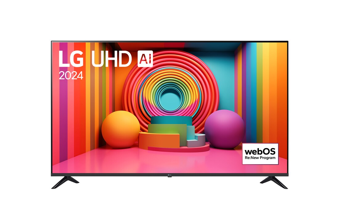 Front view of LG UHD TV, UT75 with text of LG UHD AI, 2024, and webOS Re:New Program logo on screen