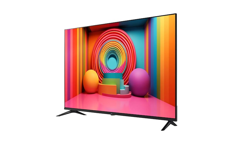 Slightly-angled left-facing side view of LG UHD TV, UT75