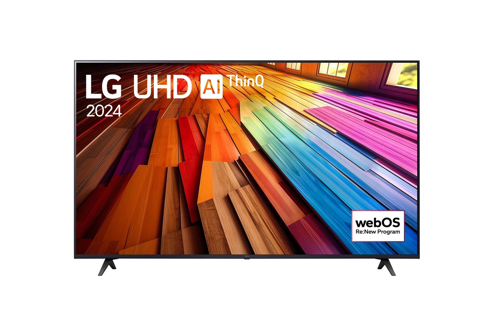 Front view of LG UHD TV, UT80 with text of LG UHD AI ThinQ, 2024, and webOS Re:New Program logo on screen