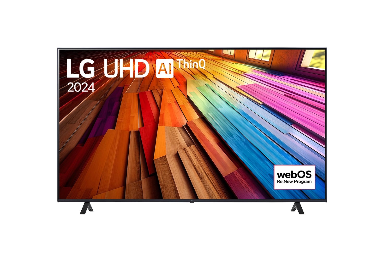 Front view of LG UHD TV, UT80 with text of LG UHD AI ThinQ, 2024, and webOS Re:New Program logo on screen