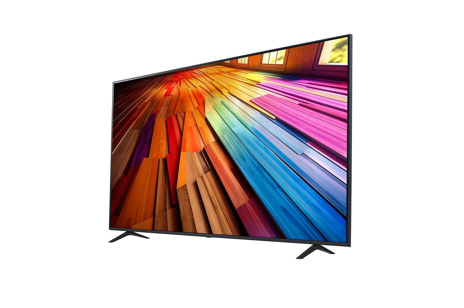 Slightly-angled left-facing side view of LG UHD TV, UT80