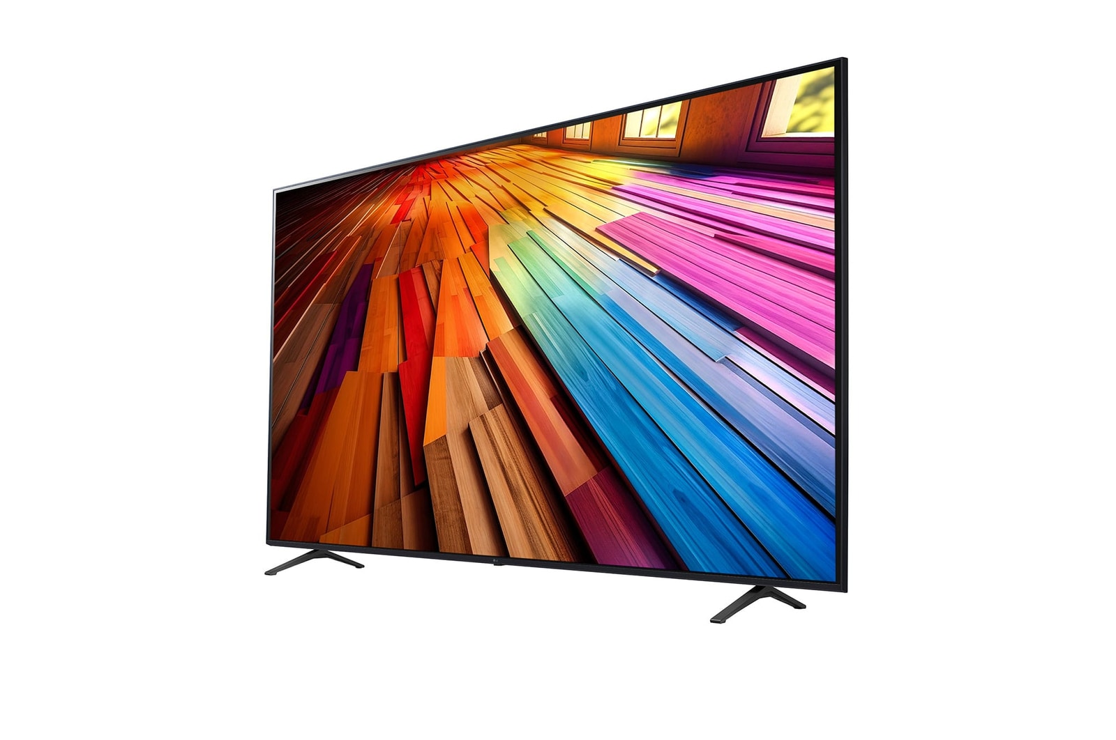 Slightly-angled left-facing side view of LG UHD TV, UT80