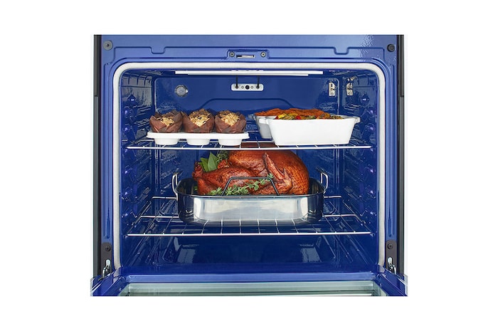 LG 30" Elec. 6.3 cu ft. Range | Fan Convection, Air Fry , EasyClean®& Smart, Black Stainless, Freestanding, LREL6323D