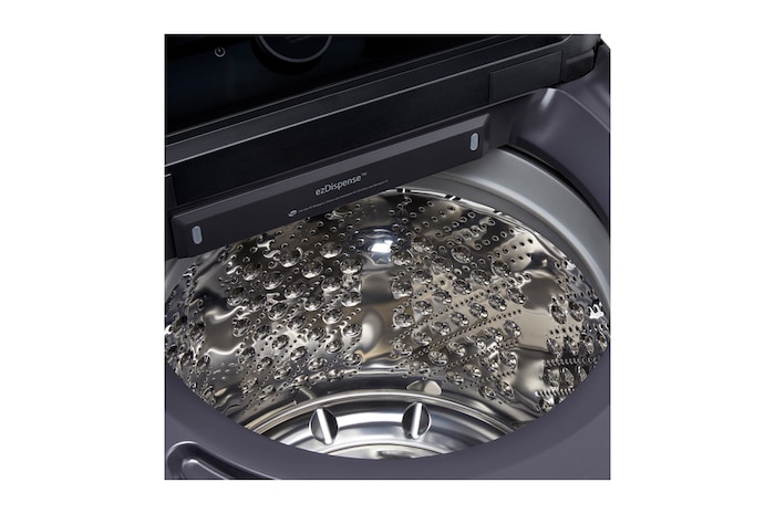 Technical dimension and installation diagram for the LG Top Load Washer: 27 in (68.6 cm) wide, 43 in (109.2 cm) high, 57 in (144.8 cm) lid open height, and 32 in (81.1 cm) required installation depth.