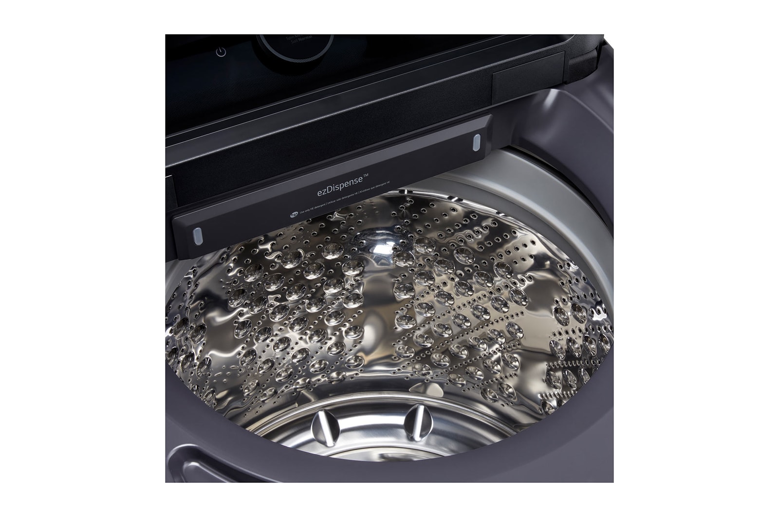 Technical dimension and installation diagram for the LG Top Load Washer: 27 in (68.6 cm) wide, 43 in (109.2 cm) high, 57 in (144.8 cm) lid open height, and 32 in (81.1 cm) required installation depth.