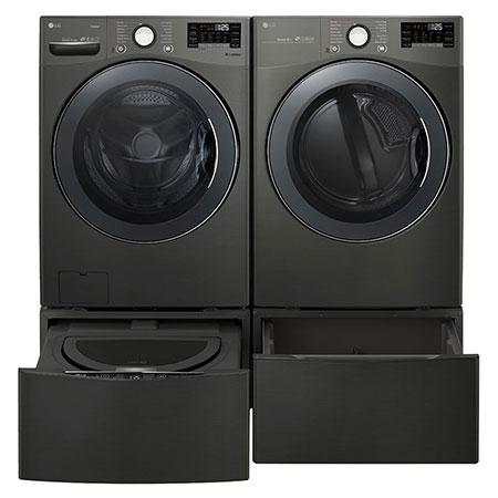 Lg front load washer and dryer top set with pedestals